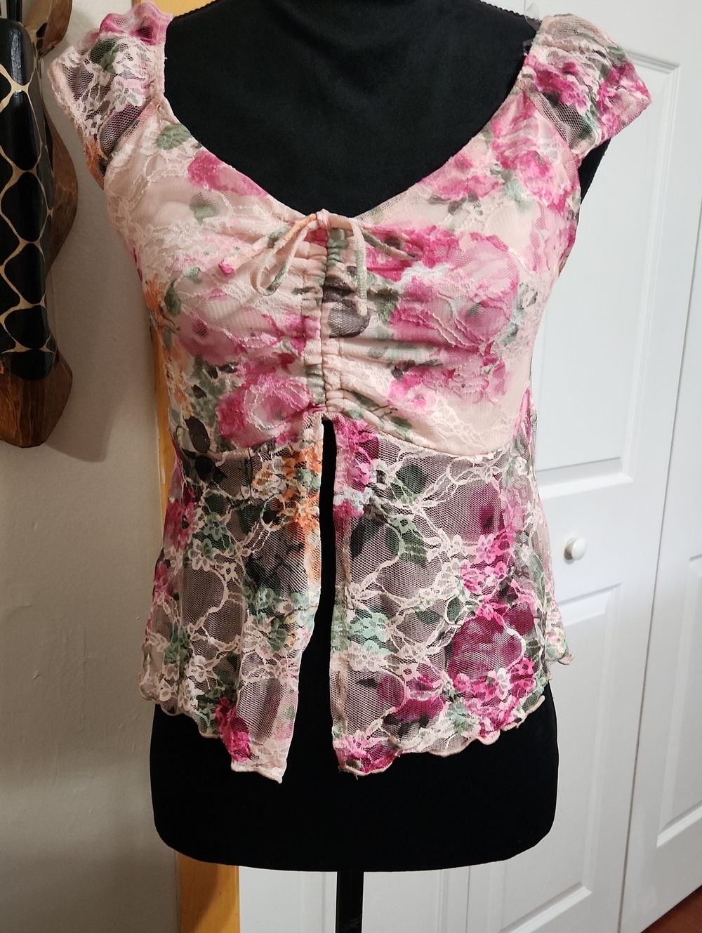 Floral Lace Fairycore Ruched Camisole Top in Pink
